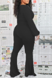 Black Casual Print Patchwork V Neck Skinny Jumpsuits