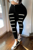 Black Fashion Casual Patchwork Basic Skinny Denim Jeans met hoge taille