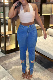 Jeans jeans skinny moda azul médio com estampa de borboletas com fenda e fenda cintura alta