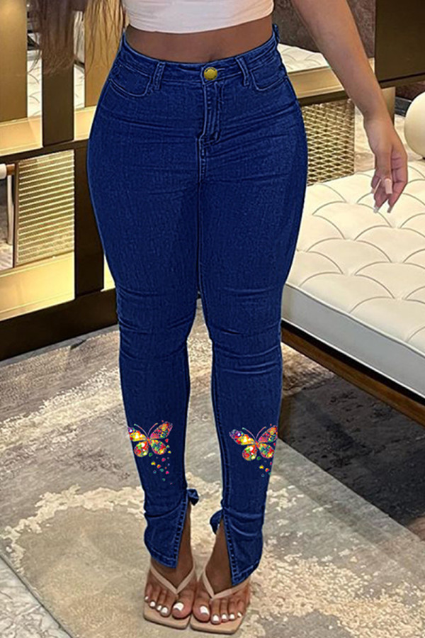 Donkerblauwe mode vlinderprint patchwork spleet hoge taille skinny denim jeans