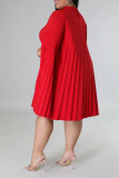 Красные повседневные однотонные платья в стиле пэчворк с круглым вырезом и трапецией больших размеров
