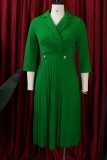 グリーン カジュアル ソリッド パッチワーク フォールド ターンバック カラー ストレート ドレス