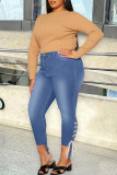 Mittelblaue, modische, lässige, solide Patchwork-Frenulum-Jeans in Übergröße