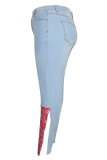 Ljusblå Mode Casual Patchwork Print Plus Size Jeans