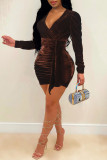 ブラック セクシー ソリッド パッチワーク フォールド V ネック ワンステップ スカート ドレス
