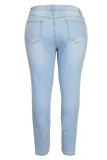Light Blue Fashion Casual Patchwork Print Plus Size Jeans