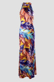Цветное модное сексуальное лоскутное длинное платье с круглым вырезом и принтом