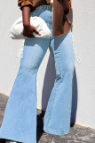 Blå Mode Casual Solid Bandage Patchwork Hög midja Boot Cut denim jeans
