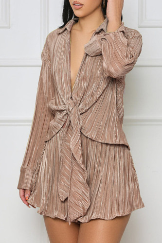 Brown Casual Solid Bandage Patchwork Turndown Collar Long Sleeve Two Pieces