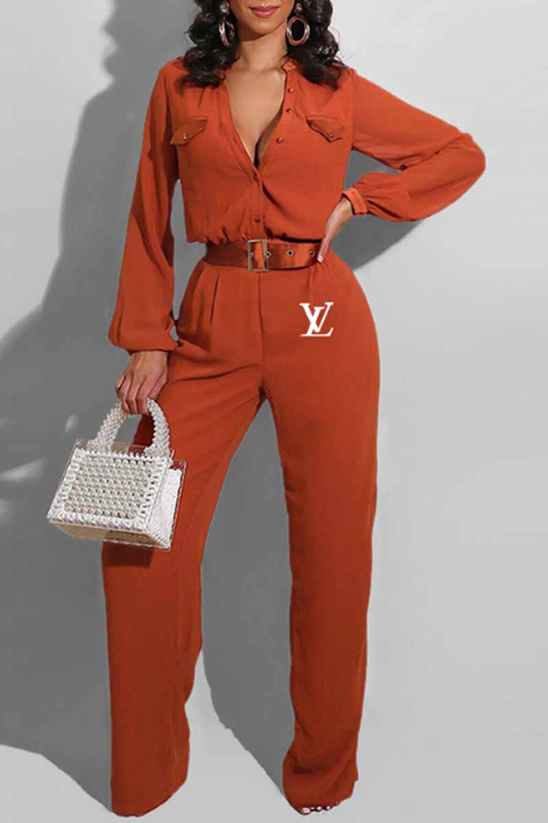 

Orange Fashion Casual Print Letter O Neck Jumpsuits