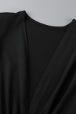 黒のセクシーなソリッドパッチワークフォールド非対称Vネックワンステップスカートドレス