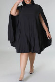 Black Casual Solid Patchwork Fold O Neck A Line Plus Size Dresses