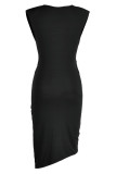 Robes de jupe en une étape asymétriques à col en V asymétriques en patchwork solide noir sexy