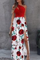 Decorative Pattern Fashion Patchwork Slit One Shoulder Waist Skirt Dresses