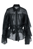 ブラックファッションカジュアルソリッド包帯パッチワークバックル非対称ターンダウンカラートップス