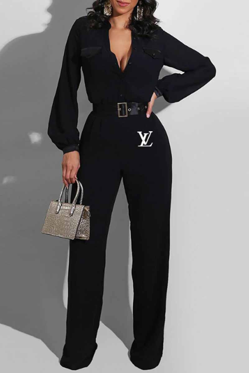 

Black Fashion Casual Print Letter O Neck Jumpsuits