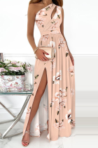 Light Apricot Fashion Patchwork Slit One Shoulder Waist Skirt Dresses