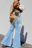Blue Fashion Casual Solid Bandage Patchwork High Waist Boot Cut Denim Jeans