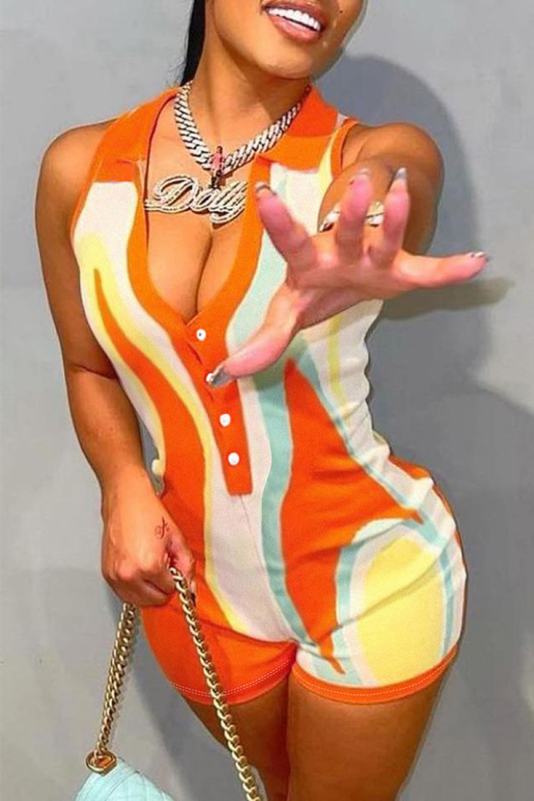 オレンジ ファッション カジュアル プリント パッチワーク ターンダウン カラー スキニー ロンパース