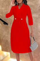 Rode casual effen patchwork vouw omgeslagen kraag rechte jurken