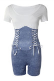 Blue Fashion Casual Patchwork Bandage O Neck Skinny Rompers