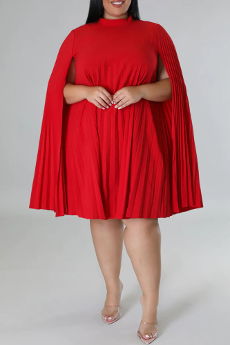 Red Casual Solid Patchwork Fold O Neck A Line Plus Size Dresses