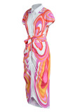 Розовые сексуальные прямые платья с принтом в стиле пэчворк и отложным воротником с отложным воротником