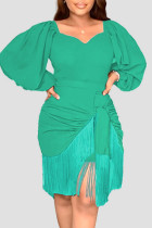 グリーン カジュアル ソリッド タッセル パッチワーク 非対称 Vネック ストレート ドレス
