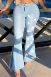Blue Fashion Casual Print De sterren Patchwork Hoge Taille Regular Denim Jeans