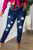Jeans skinny in denim a vita alta patchwork con stampa casual alla moda azzurra
