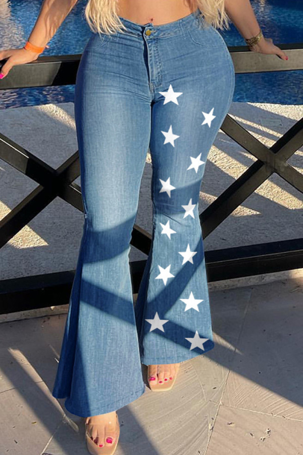 Blå Mode Casual Print Stjärnornas Patchwork Vanliga jeans med hög midja