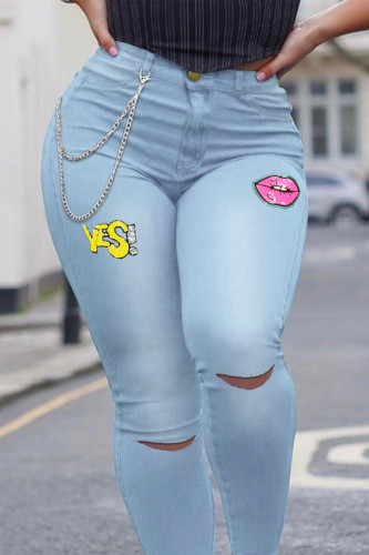 Light Blue Fashion Casual Print Ripped Metal Accessories Decoration Chains High Waist Skinny Denim Jeans