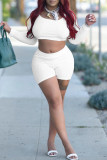 White Casual Solid Patchwork O Neck Long Sleeve Two Pieces Crop Tops And Shorts Set