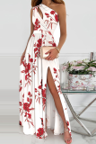 Blanc Rouge Mode Patchwork Fente Une Épaule Taille Jupe Robes