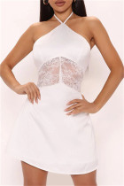 Cream White Fashion Sexy Solid Bandage Patchwork See-through Backless Halter Sleeveless Dress