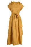 オレンジレッドファッションカジュアルソリッドパッチワークハーフタートルネックノースリーブドレス