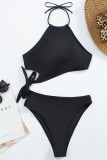 Black Sexy Solid Patchwork Asymmetrical Swimwears