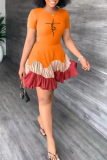 Tangerine Red Fashion Print Flounce O Neck Cake Jupe Robes