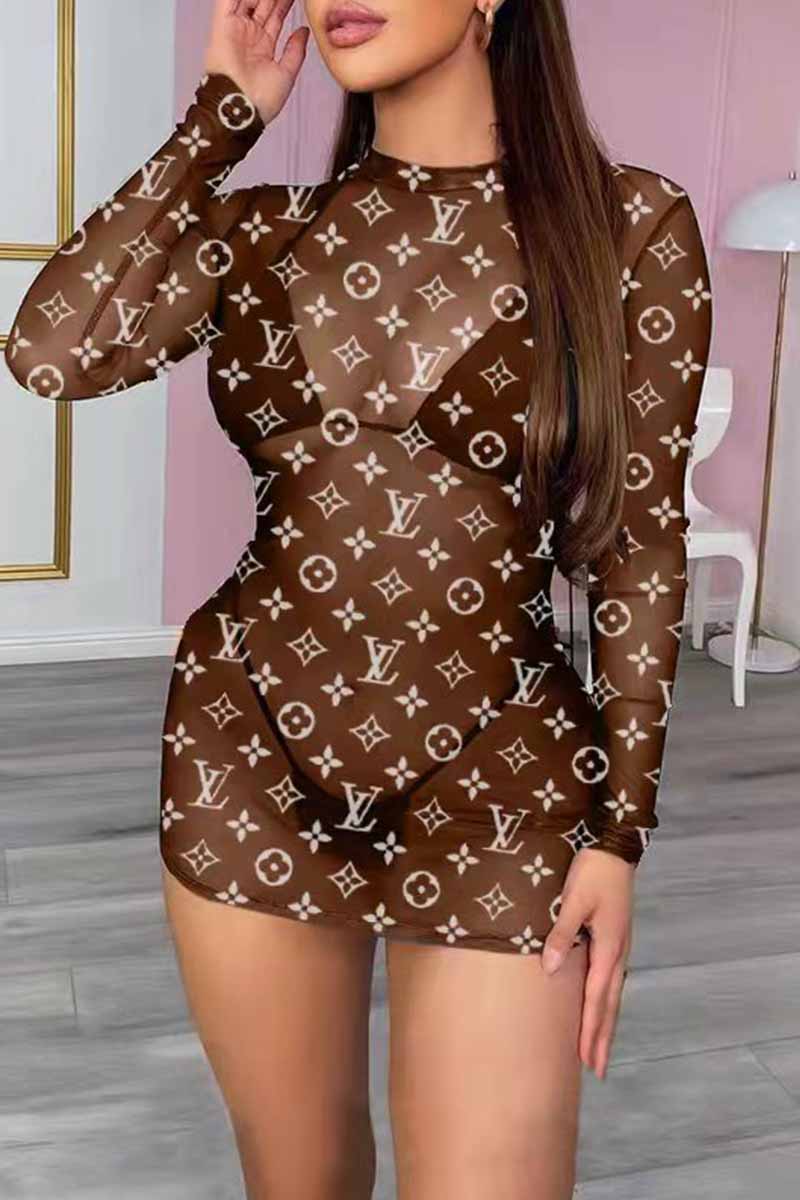 

Dark Brown Fashion Sexy Print Letter O Neck One Step Skirt Dresses