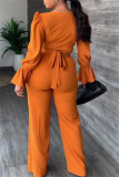 Оранжевый Модный повседневный однотонный пэчворк с V-образным вырезом и длинным рукавом из двух частей