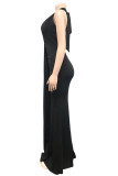 ブラック ファッション セクシー ソリッド バンデージ パッチワーク バックレス フォールド ホルター ロング ドレス