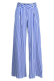Pantalon décontracté taille haute imprimé patchwork rayé bleu