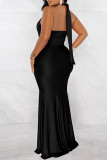 Черное модное сексуальное однотонное лоскутное платье с открытой спиной и складками, длинное платье с лямкой на шее