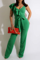 Groene Casual Solid Bandage Patchwork Volant Spaghetti Band Rechte Jumpsuits