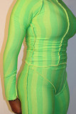 Verde sexy rayas estampado patchwork asimétrico o cuello manga larga dos piezas