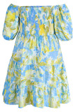 Blauwe mode casual plus size print patchwork O-hals jurk met korte mouwen