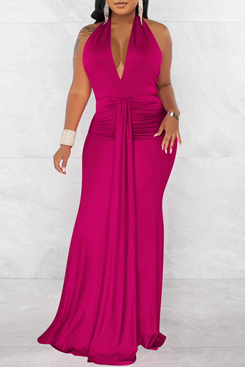 

Rose Red Fashion Sexy Solid Bandage Patchwork Backless Fold Halter Long Dress