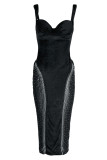 Schwarze Mode Sexy Patchwork Hot Drilling Durchsichtiges, rückenfreies, ärmelloses Kleid mit Spaghettiträgern