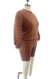 Dark Brown Casual Solid Patchwork O Neck Plus Size Two Pieces