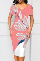 ピンク カジュアル プリント パッチワーク V ネック ワンステップ スカート ドレス